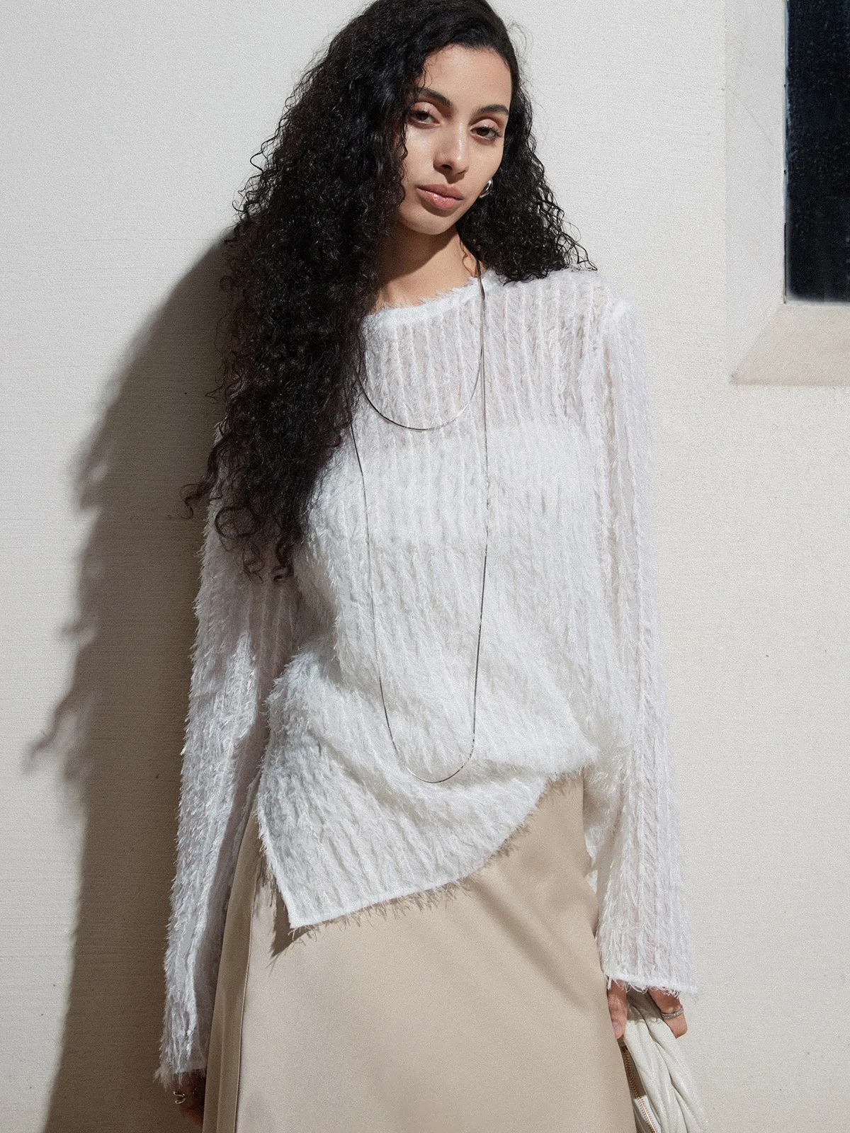 Effortlessly Split Long Sleeve Blouse sold by COMMENSE