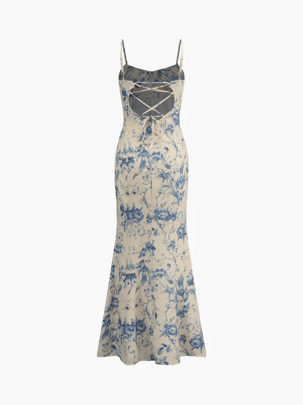Floral Backless Lace-Up Long Dress sold by COMMENSE