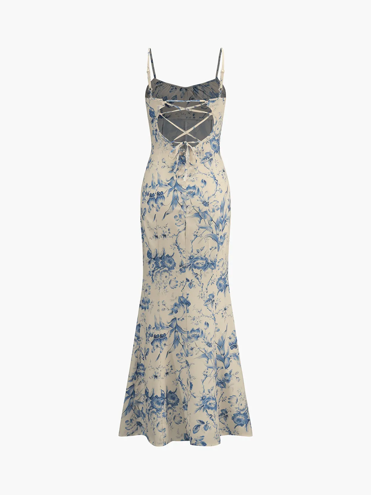 Floral Backless Lace-Up Long Dress sold by COMMENSE