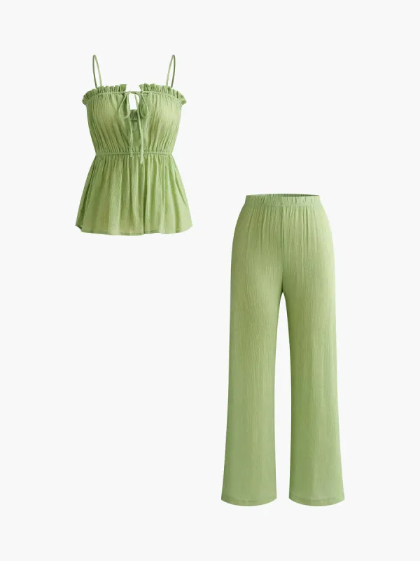 Pleated Cami Top With Long Pants Set sold by COMMENSE