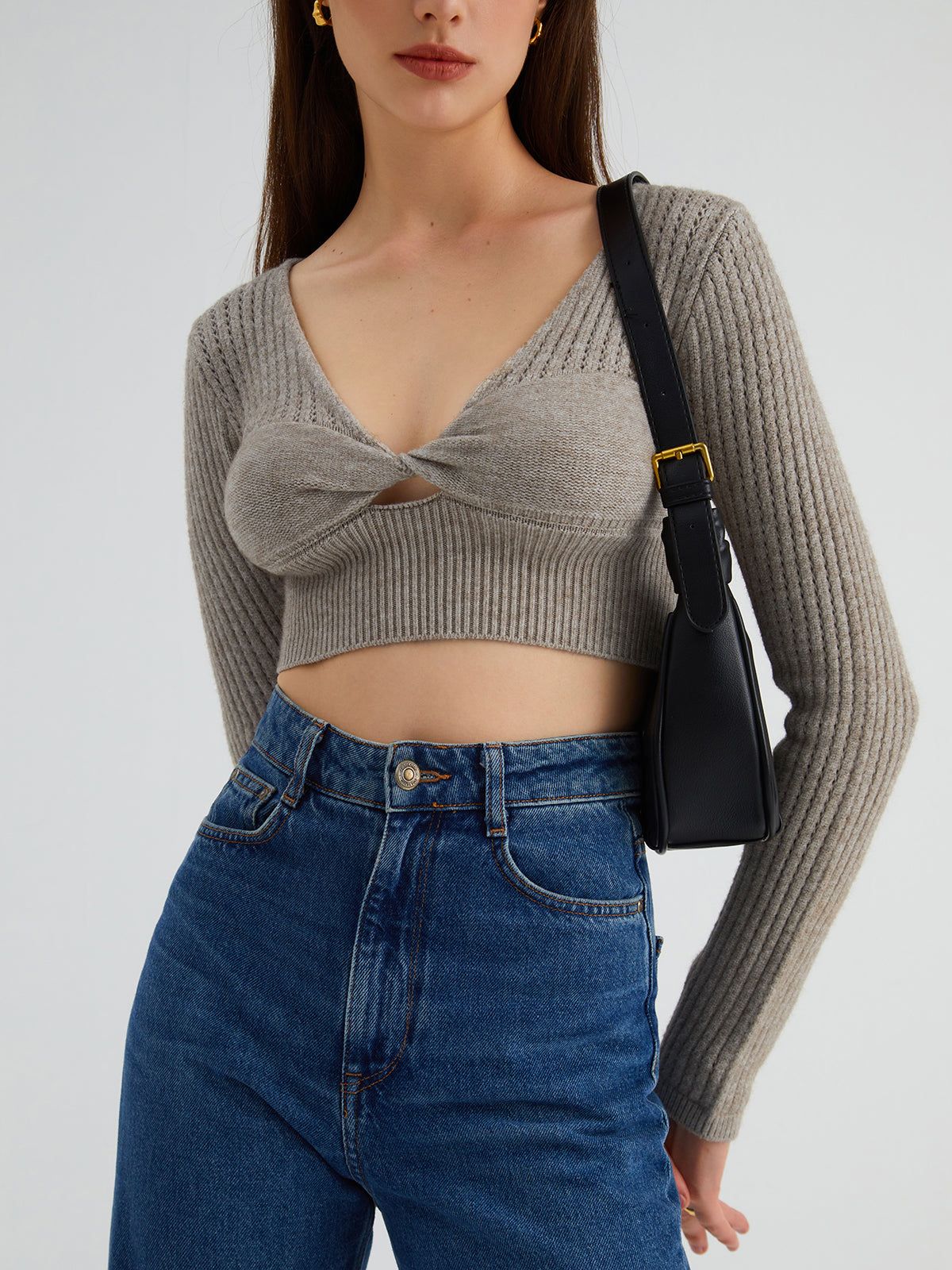 Eyelet Twisted Crop Sweater sold by COMMENSE