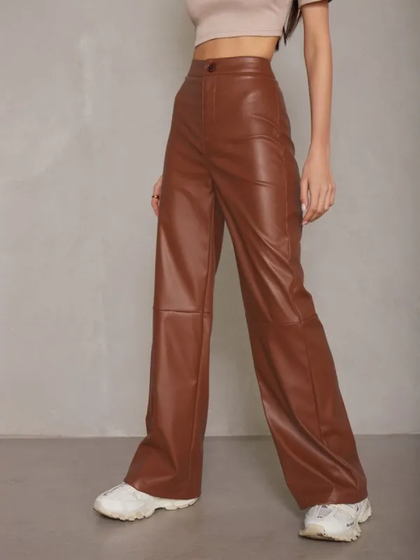 Caramel High Waist Wide Leg Leather Pants sold by COMMENSE