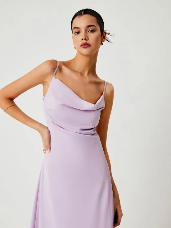 Lilac Cowl Neck Satin Midi Dress sold by COMMENSE