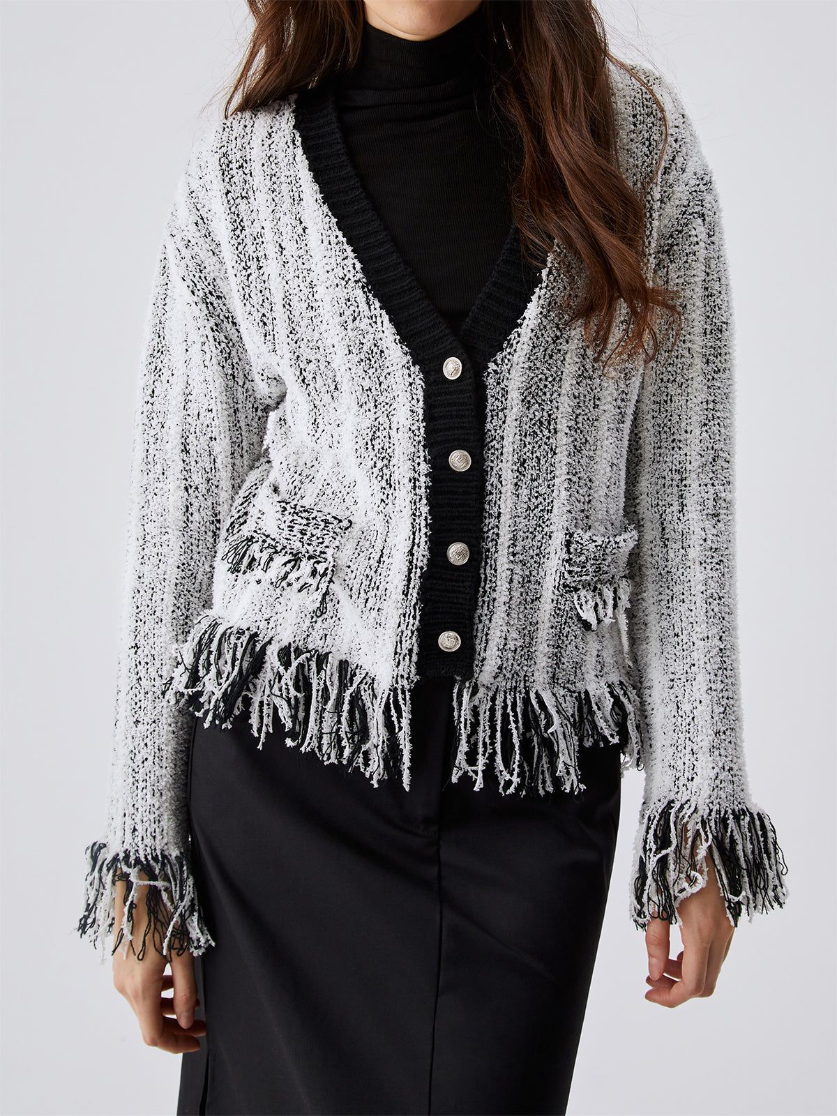 Knit Tassel Trim Button Cardigan sold by COMMENSE product image thumbnail 3