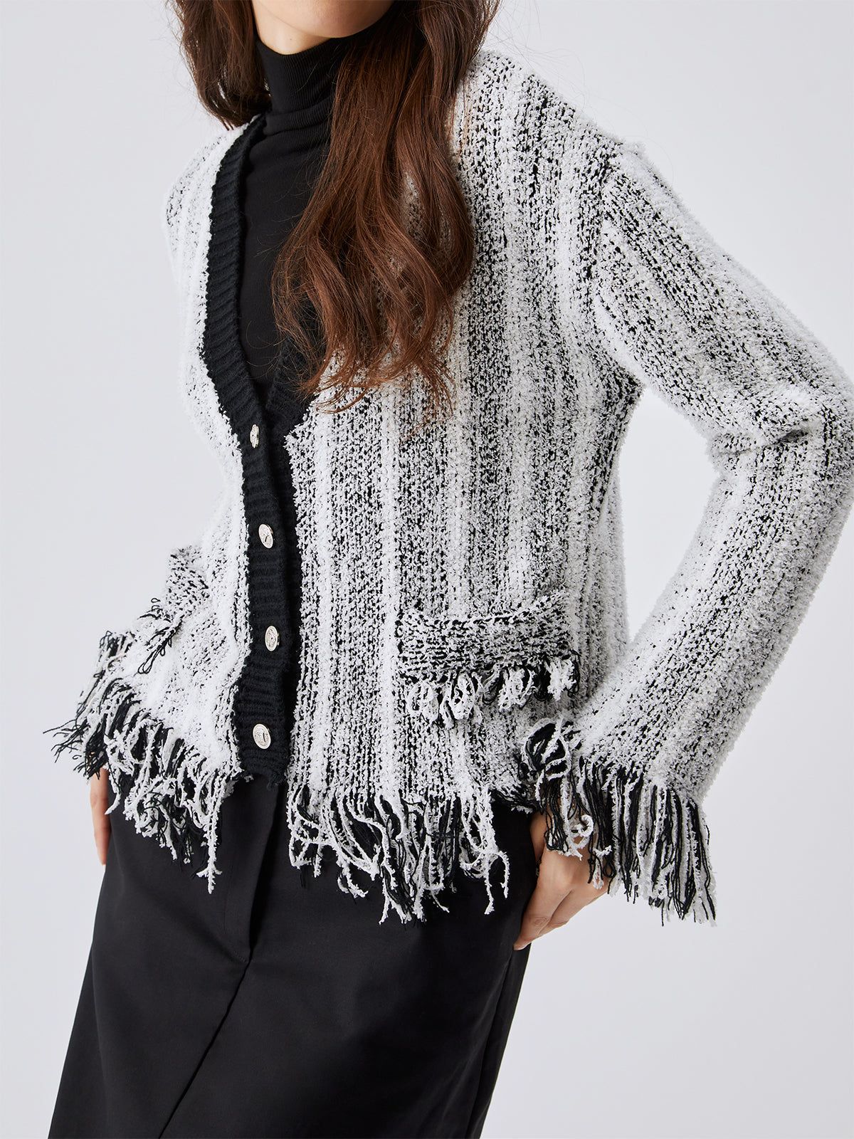 Knit Tassel Trim Button Cardigan sold by COMMENSE