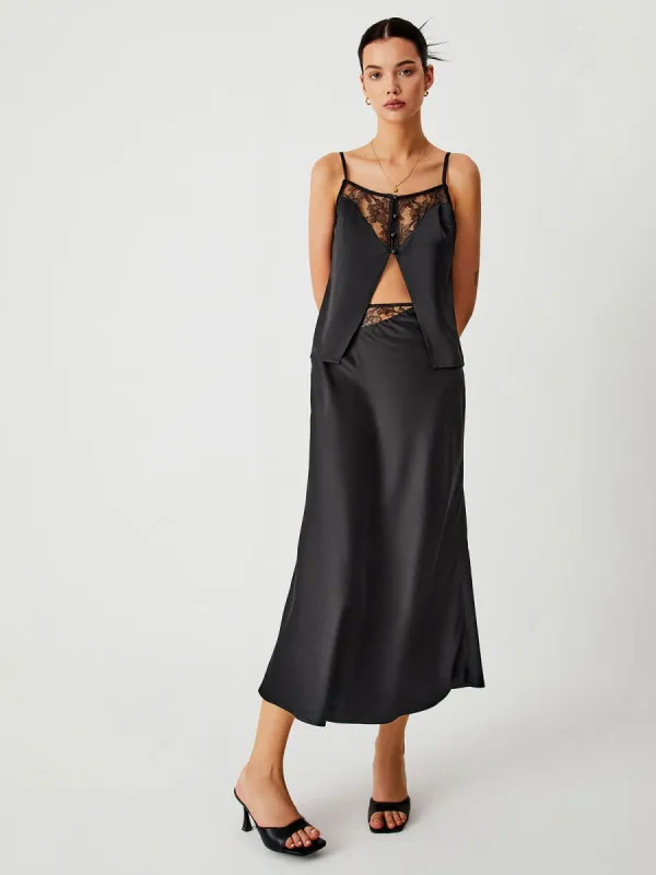 Floral Lace Satin Maxi Skirt sold by COMMENSE