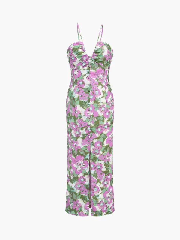 Iris Bush Floral Open Back Zippered Slit Midi Dress sold by COMMENSE