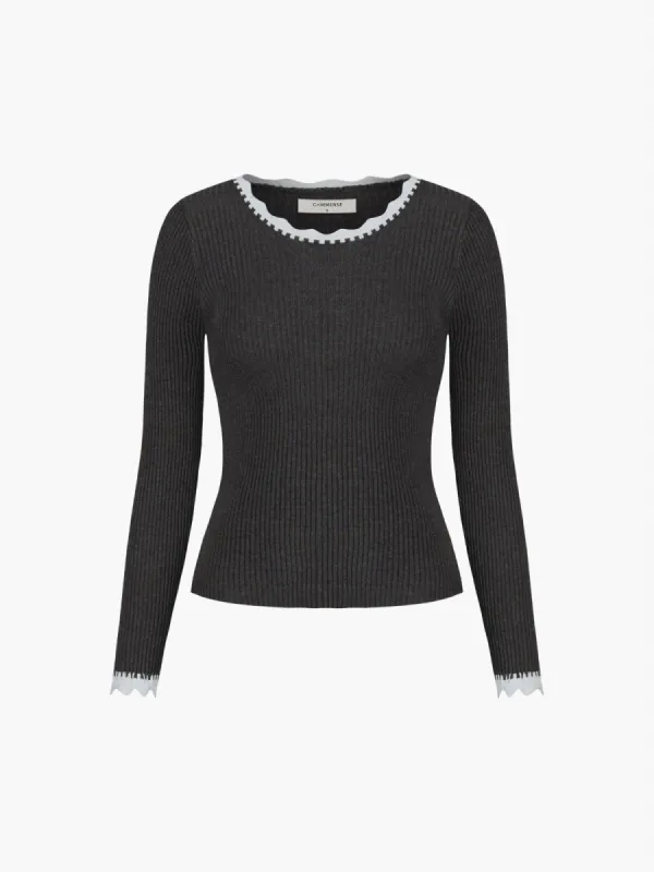 Contrast Trim Rib Long Sleeve Knit Top sold by COMMENSE