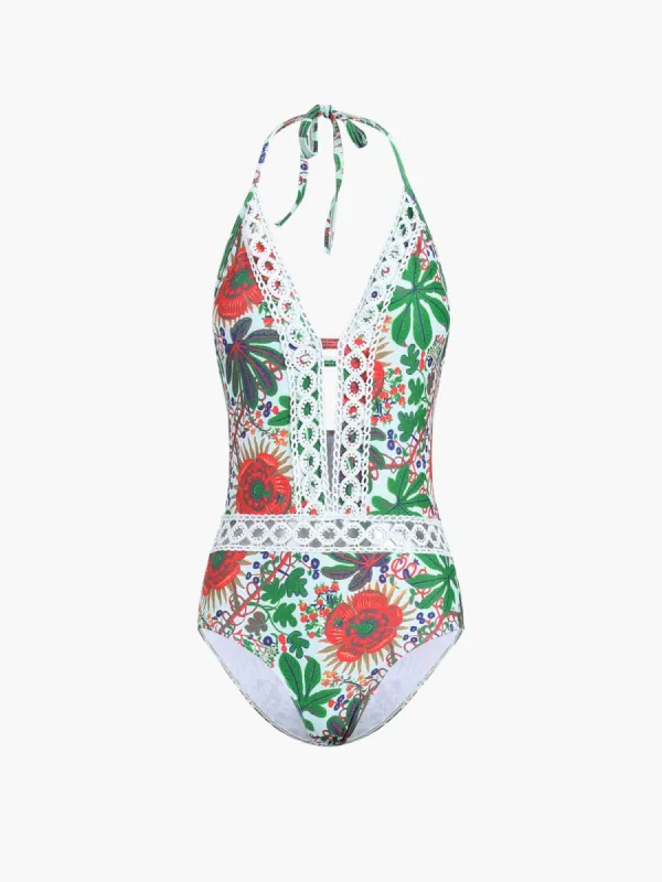 Tropical Floral Open Back One Piece Swimsuit sold by COMMENSE