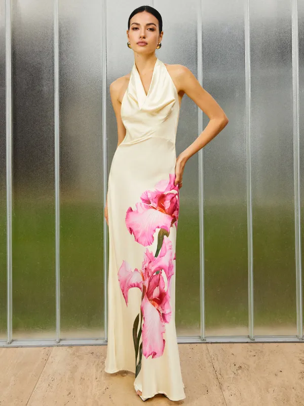 Floral Print Satin Backless Dress sold by COMMENSE