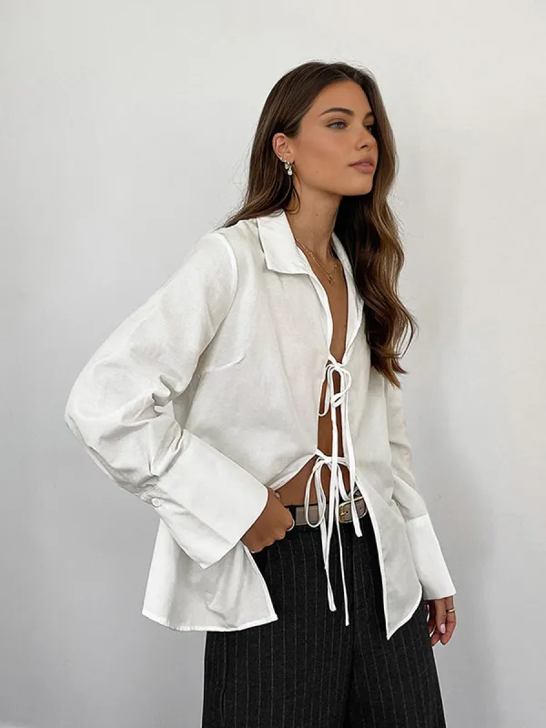 V-Neck Tie Front Shirt sold by COMMENSE