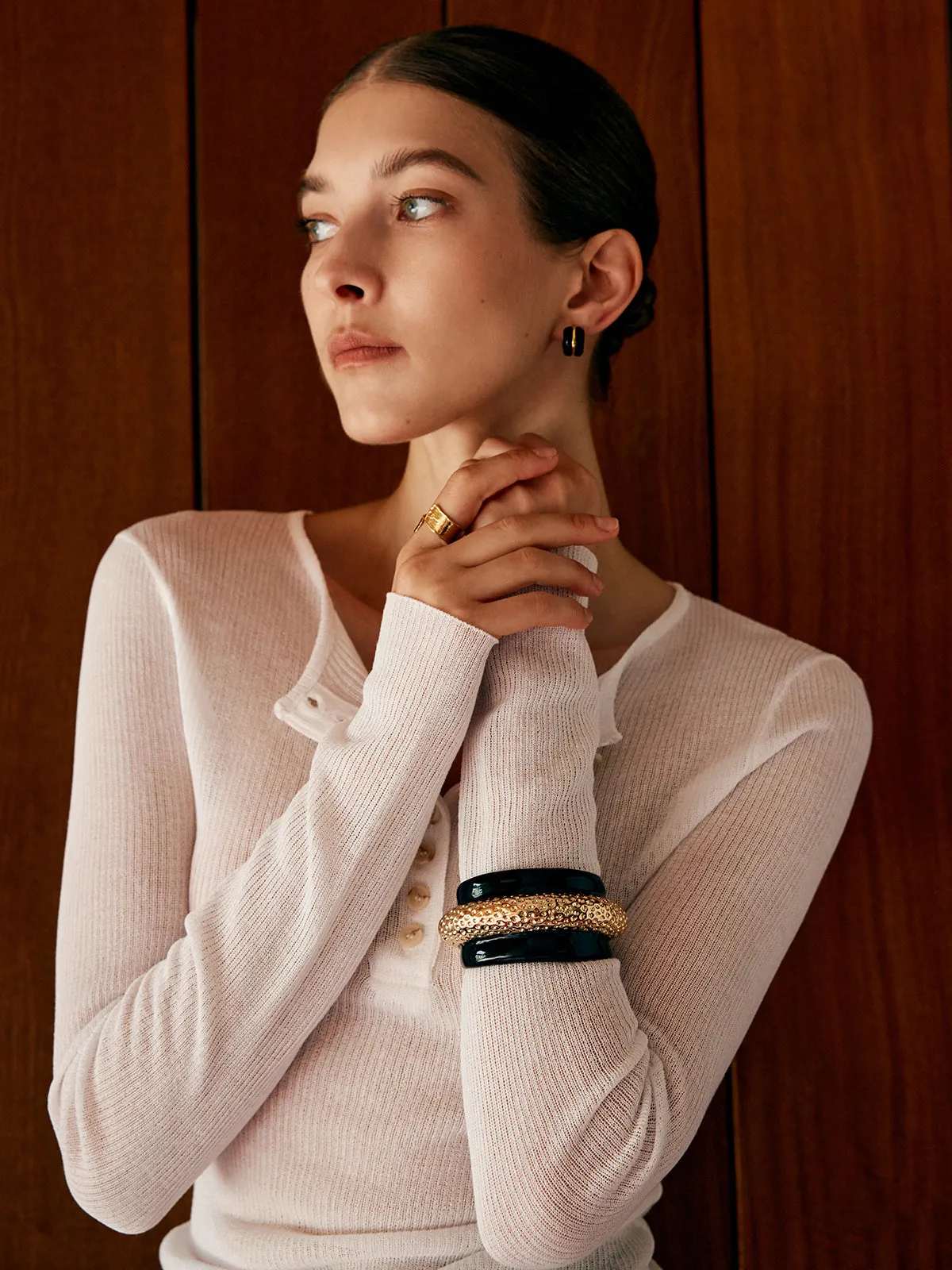 Two Tone Wide Hammered Bracelet sold by COMMENSE product image thumbnail 3