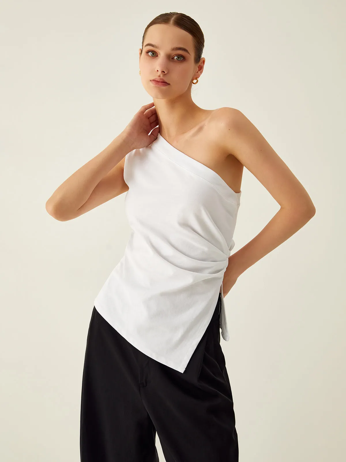 Asymmetrical Neck Split Tank Top sold by COMMENSE