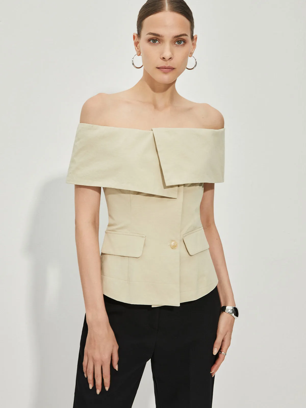 Slim Off-Shoulder Patchwork Blazer sold by COMMENSE