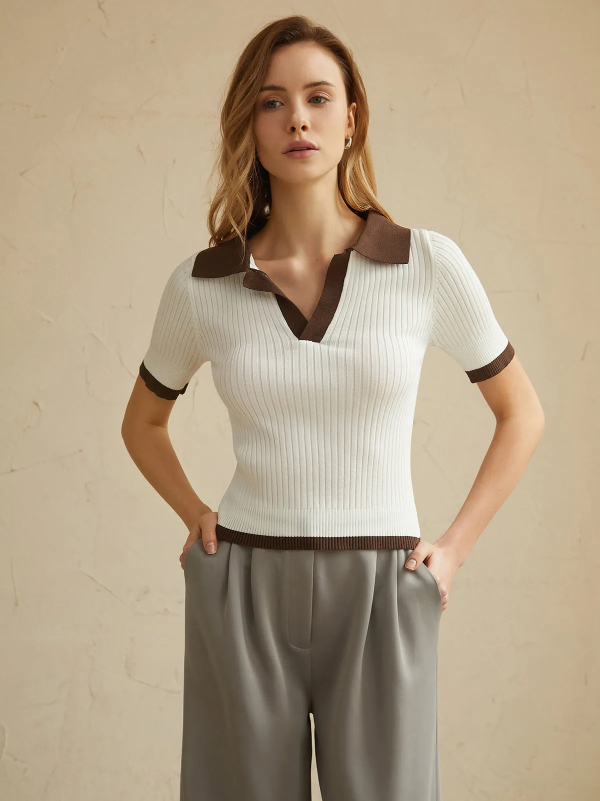 Contrast Trim V Neck Knit Top sold by COMMENSE