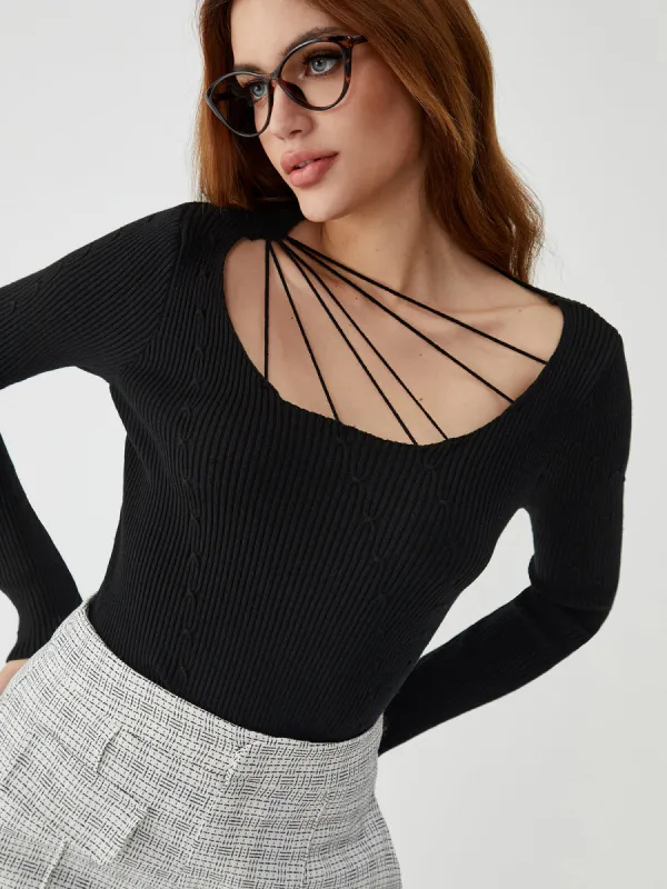 Large Round Neck Cutout Knit Top sold by COMMENSE