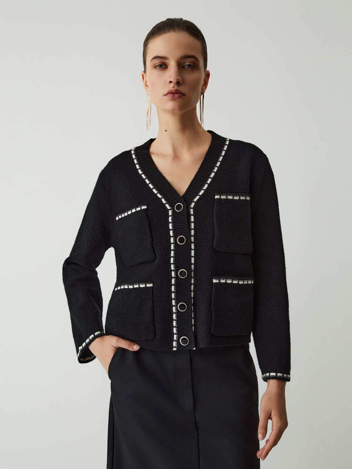 Contrast Trim Pockets Cardigan sold by COMMENSE