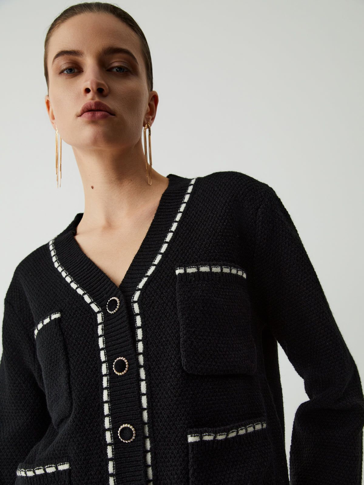 Contrast Trim Pockets Cardigan sold by COMMENSE product image thumbnail 3