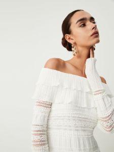Overfold Off-Shoulder Floral Mesh Lace Midi Dress sold by COMMENSE