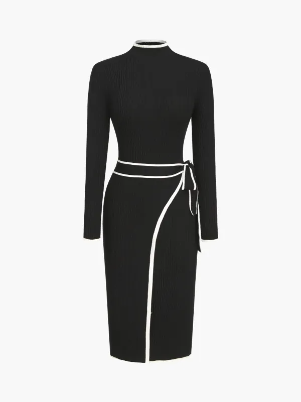 Contrast Trim Tie Front Mock Neck Long Sleeve Midi Sweater Dress sold by COMMENSE