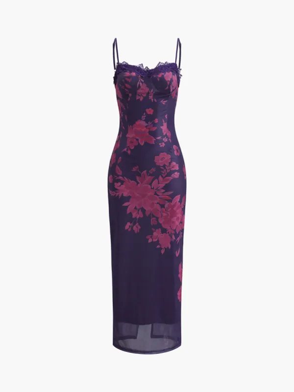 Tied Lace Trim Floral Mesh Long Dress sold by COMMENSE