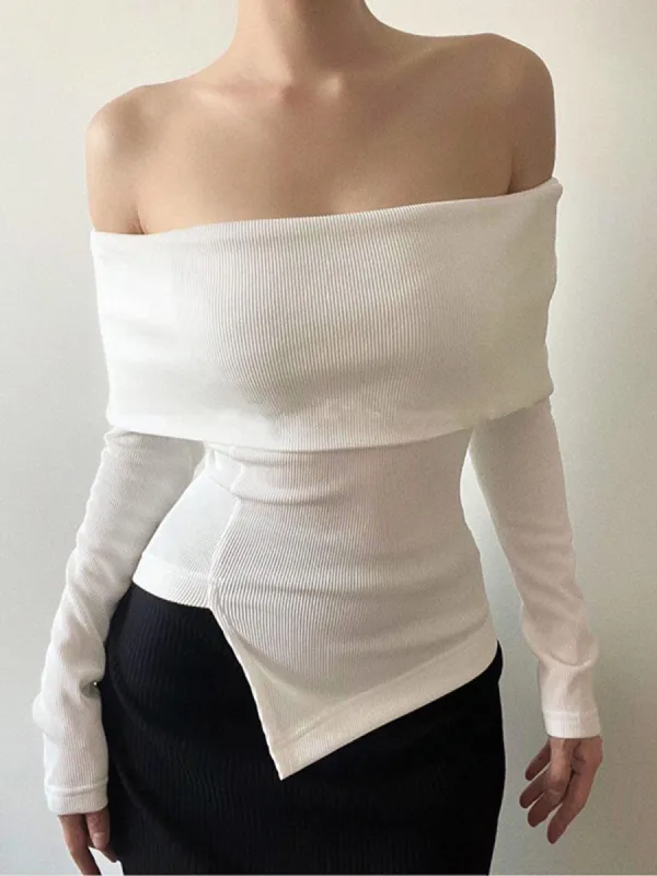 Overfold Off-Shoulder Oblique Hem Long Sleeve Top sold by COMMENSE