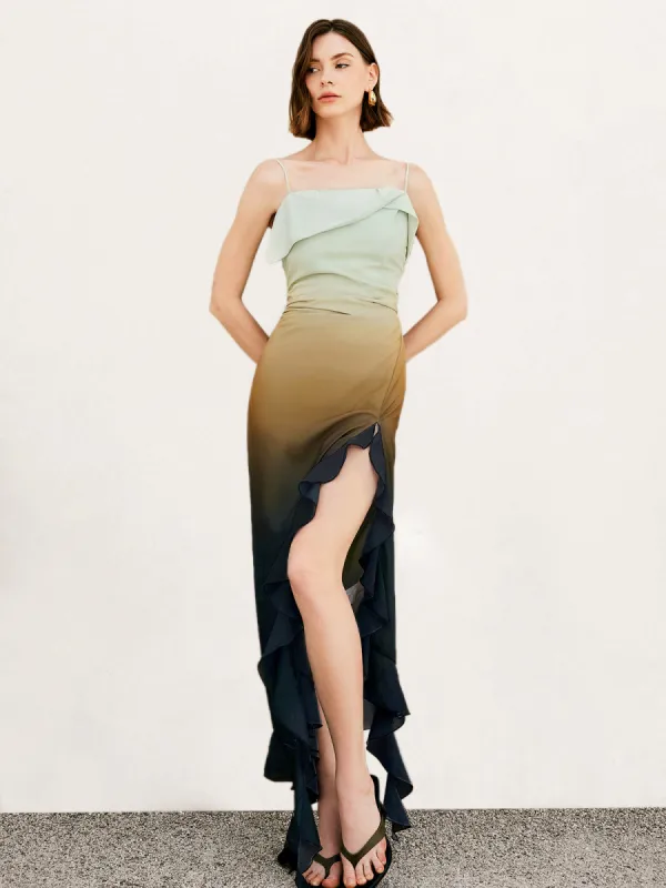 Ombre Ruffle Split Cami Long Dress sold by COMMENSE