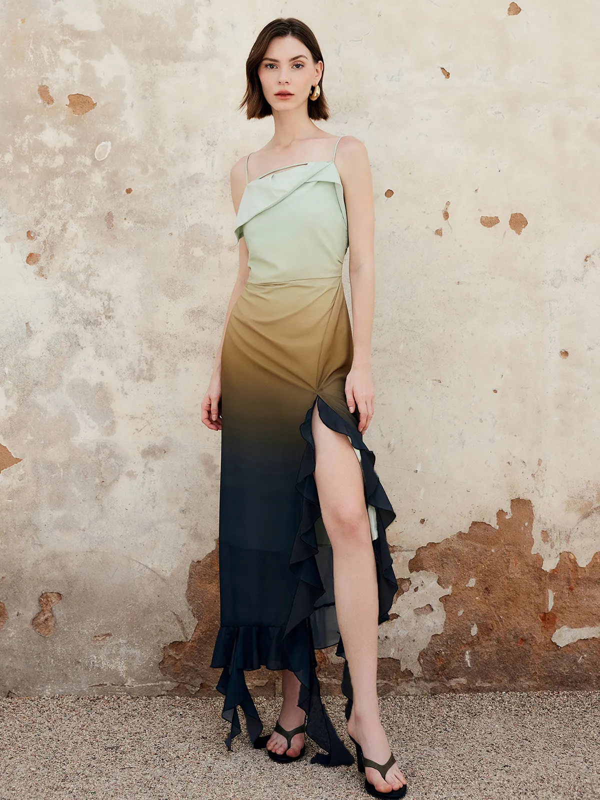 Ombre Ruffle Split Cami Long Dress sold by COMMENSE product image thumbnail 2