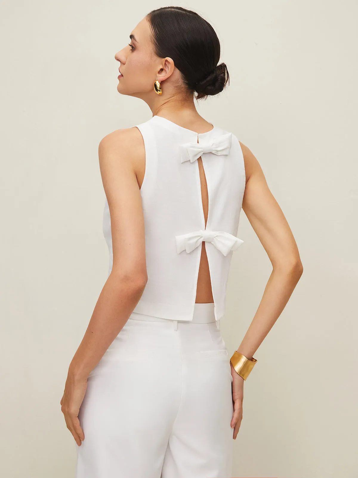 Cotton & Linen Bow Crew Neck Blouse sold by COMMENSE