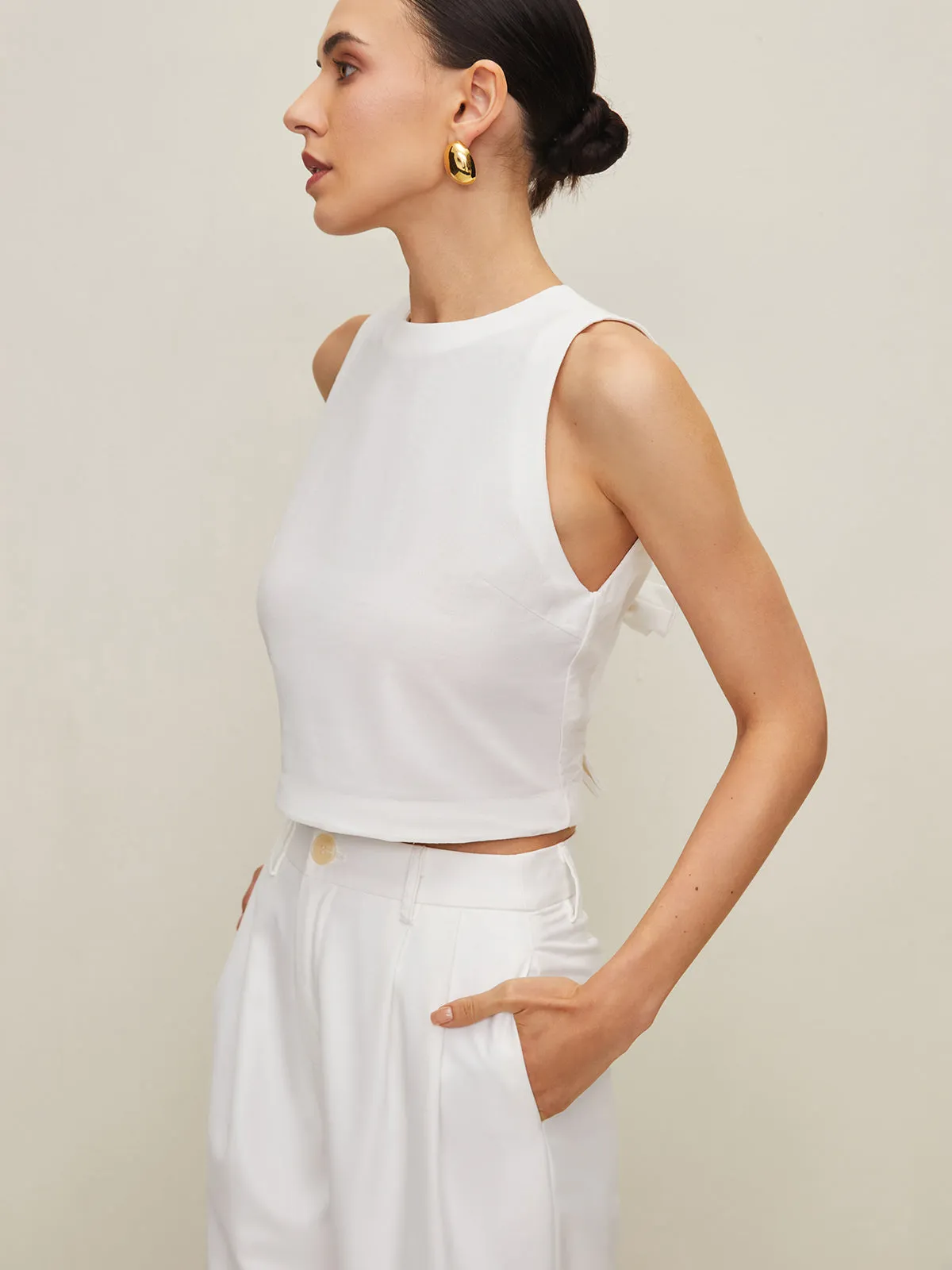 Cotton & Linen Bow Crew Neck Blouse sold by COMMENSE product image thumbnail 2