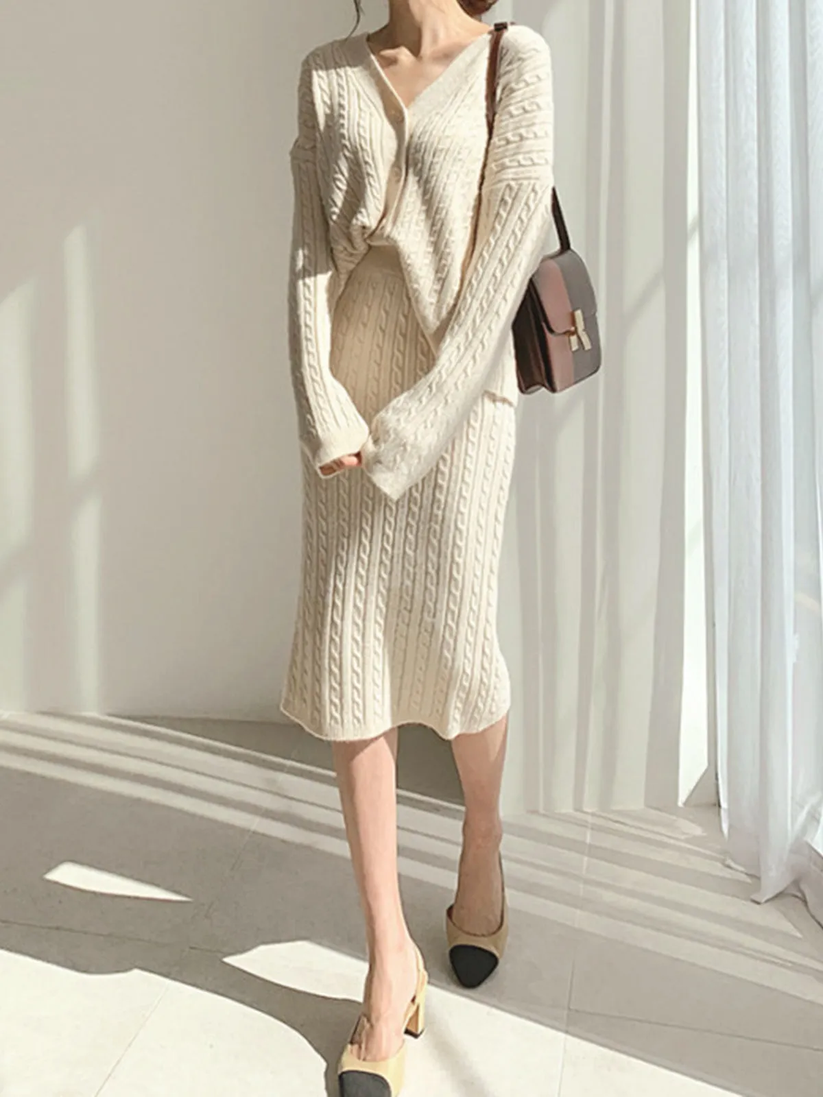 Cable Knit Two Piece Sweater Skirt Set sold by COMMENSE product image thumbnail 3