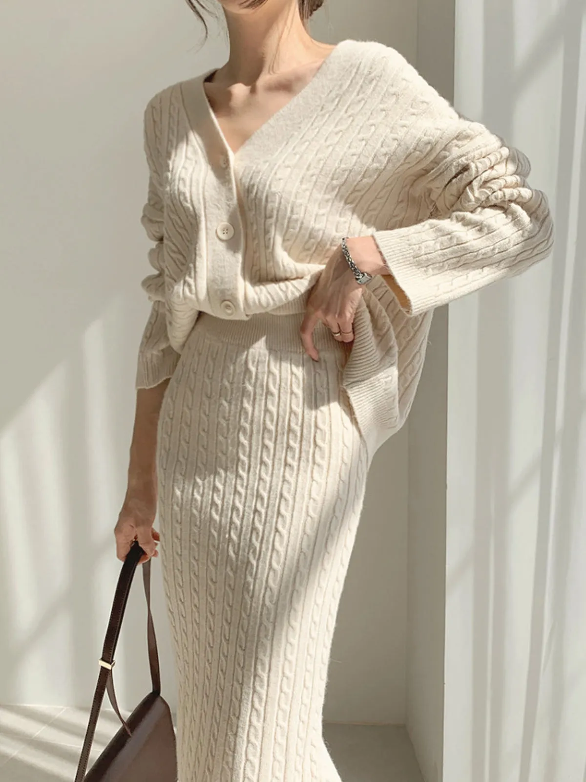 Cable Knit Two Piece Sweater Skirt Set sold by COMMENSE