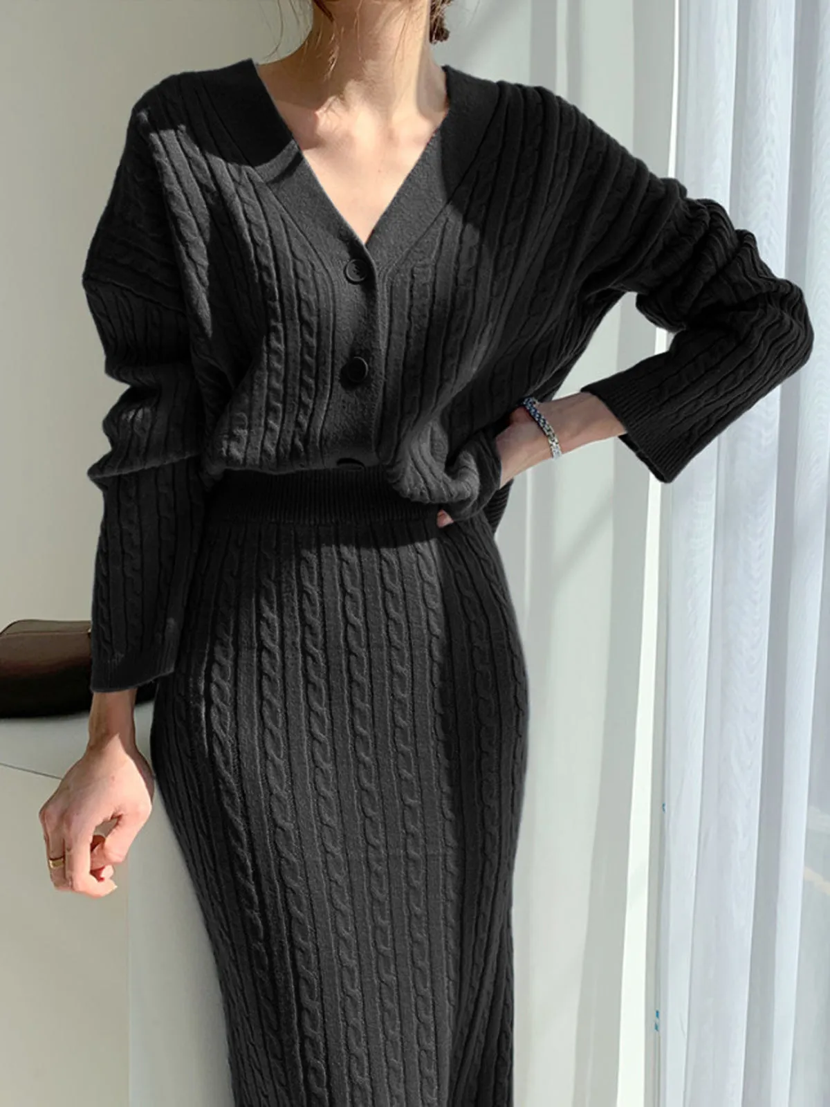 Cable Knit Two Piece Sweater Skirt Set sold by COMMENSE product image thumbnail 5