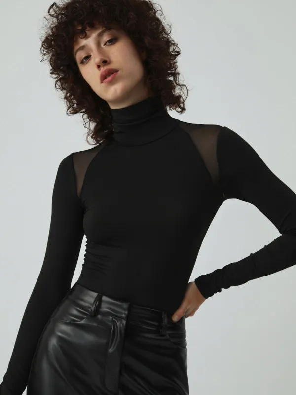 Patchwork Mesh Turtleneck Long Sleeve Bodysuit sold by COMMENSE