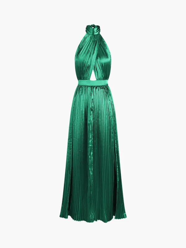 Halter Tied Open Back Satin Pleat Long Dress sold by COMMENSE