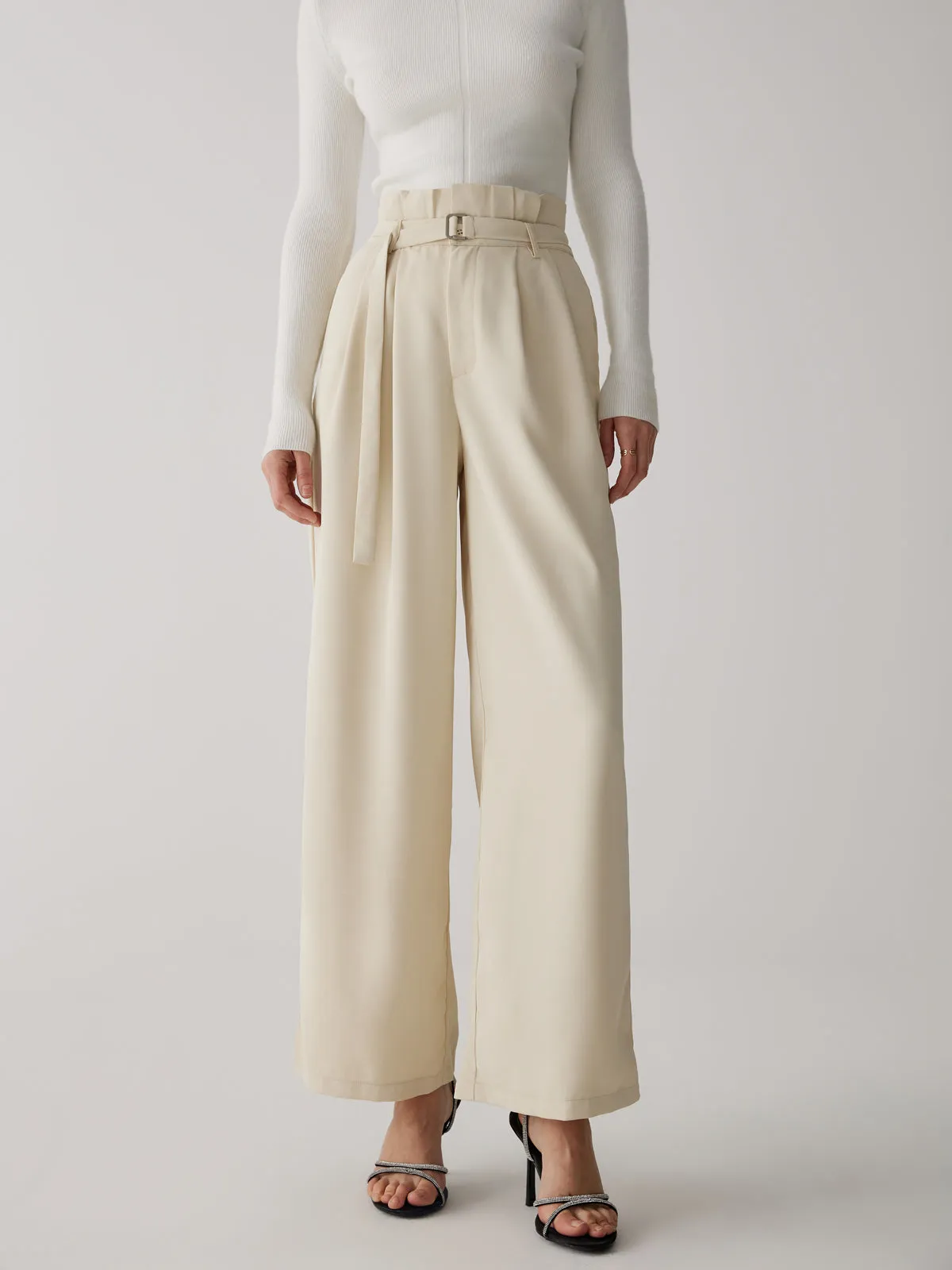 Wide-Leg Long Pants With Belt sold by COMMENSE