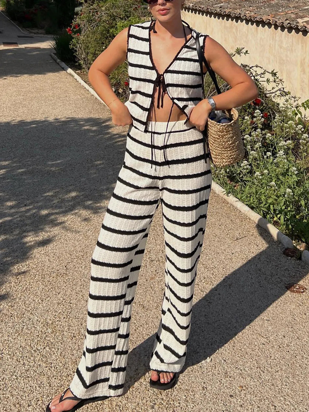 Striped Knotted Sweater Set sold by COMMENSE