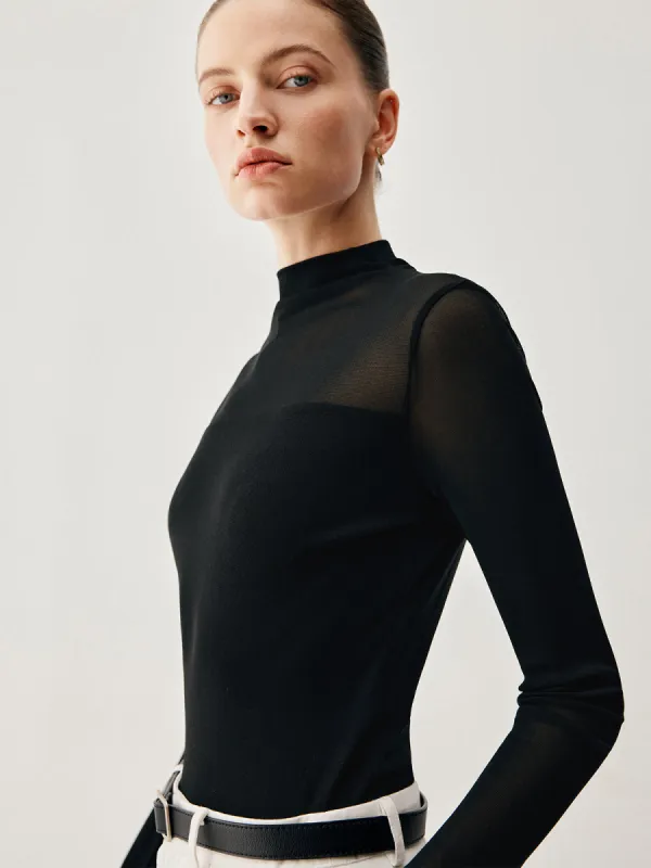 Slinky Patchwork Mesh Knit Long Sleeve Crew Neck Shirt sold by COMMENSE