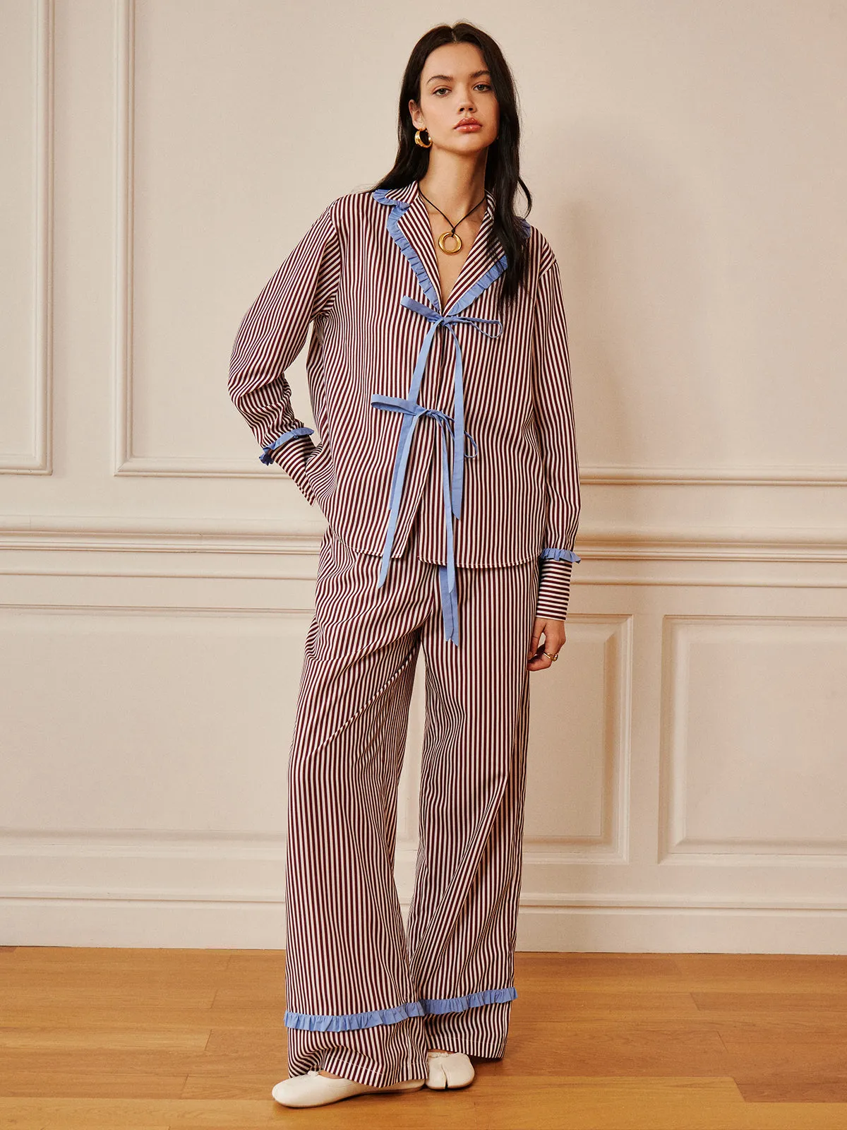 Pinstripe Ruffle Bow Pants sold by COMMENSE product image thumbnail 2