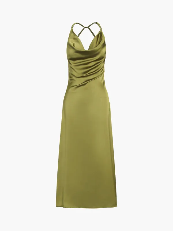 Vintage Love Satin Cowl Neck Open Back Midi Dress sold by COMMENSE