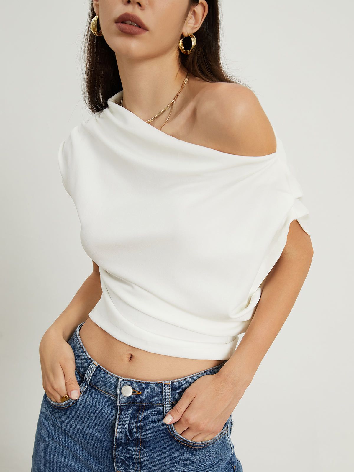 Asymmetrical Sleeve Ruched Top sold by COMMENSE