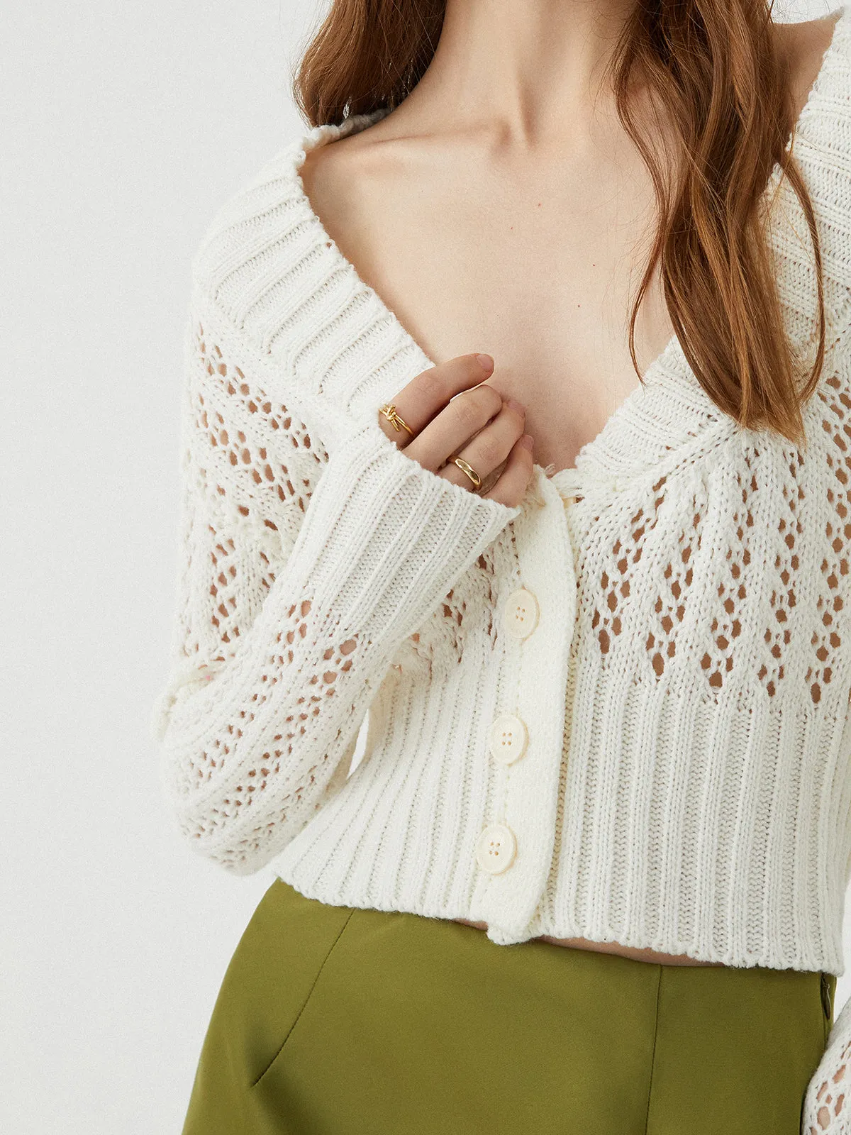 Button Front Eyelet Knit Crop Cardigan sold by COMMENSE product image thumbnail 5