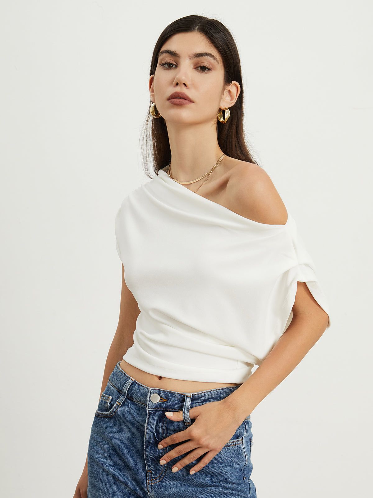 Asymmetrical Sleeve Ruched Top sold by COMMENSE product image thumbnail 5