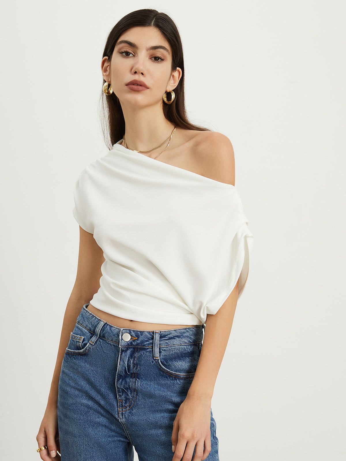 Asymmetrical Sleeve Ruched Top sold by COMMENSE product image thumbnail 2