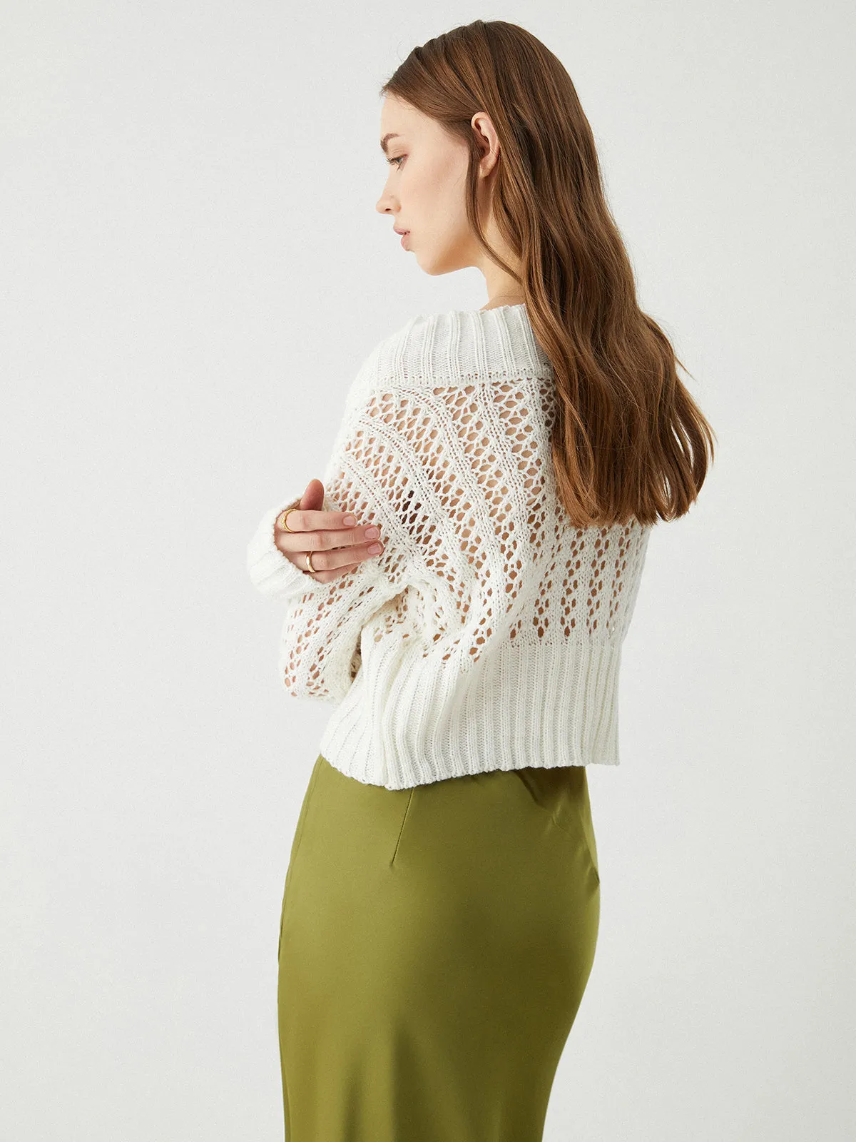 Button Front Eyelet Knit Crop Cardigan sold by COMMENSE product image thumbnail 3