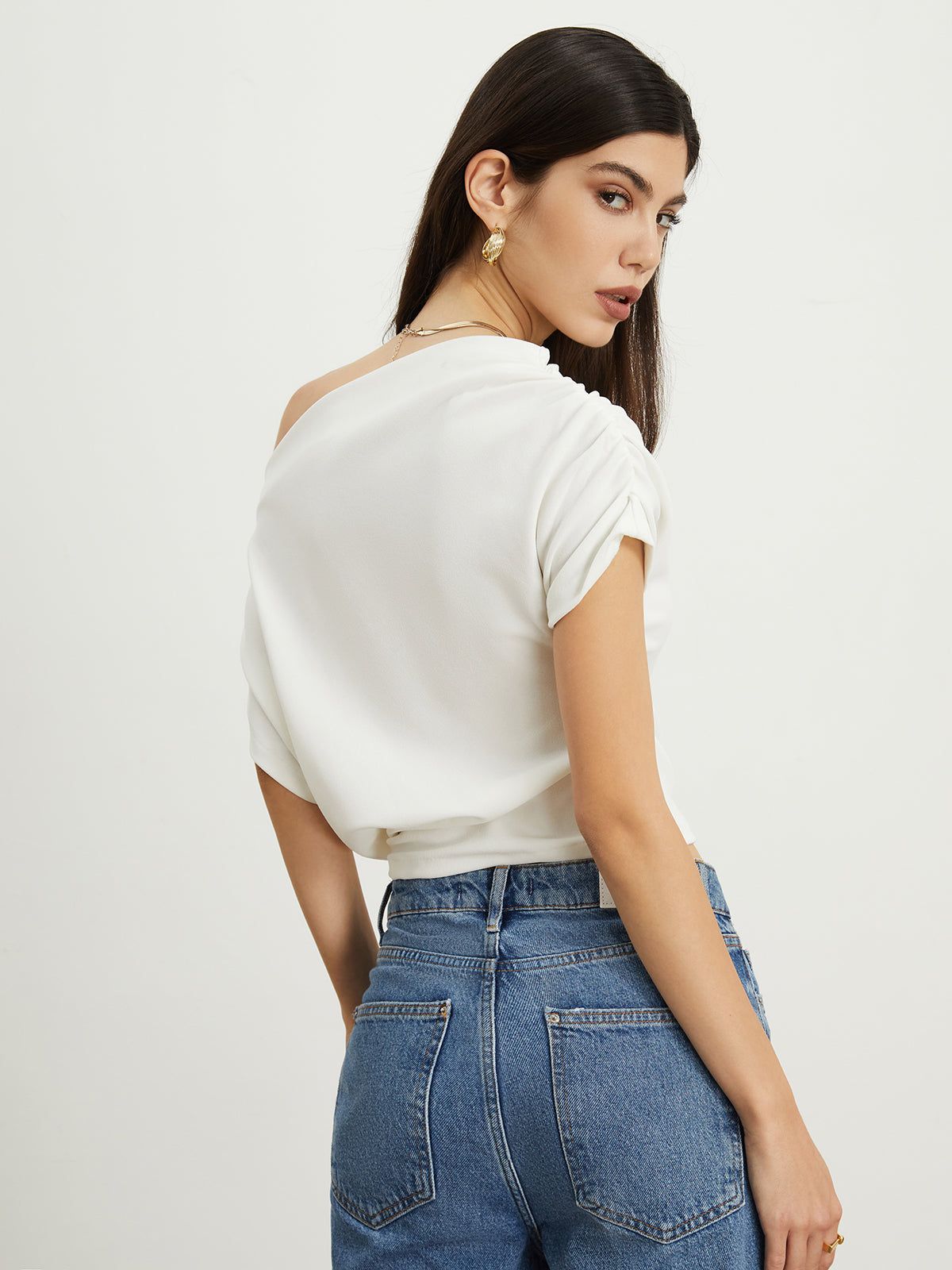 Asymmetrical Sleeve Ruched Top sold by COMMENSE product image thumbnail 3