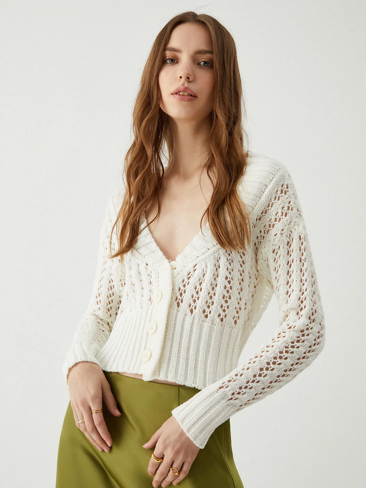 Button Front Eyelet Knit Crop Cardigan sold by COMMENSE product image thumbnail 4