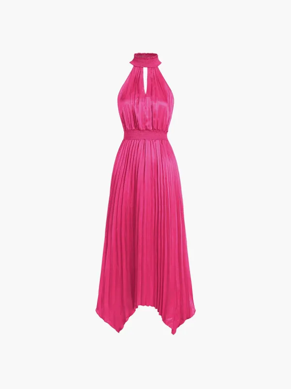 Cranberry Satin Pleat Zippered Midi Dress sold by COMMENSE
