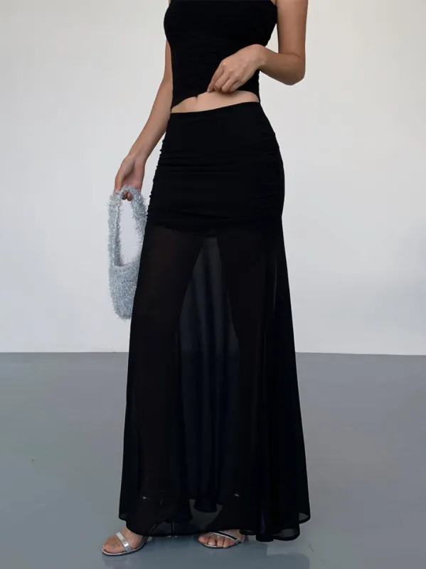 Semi-Sheer Solid Two Layer Maxi Skirt sold by COMMENSE