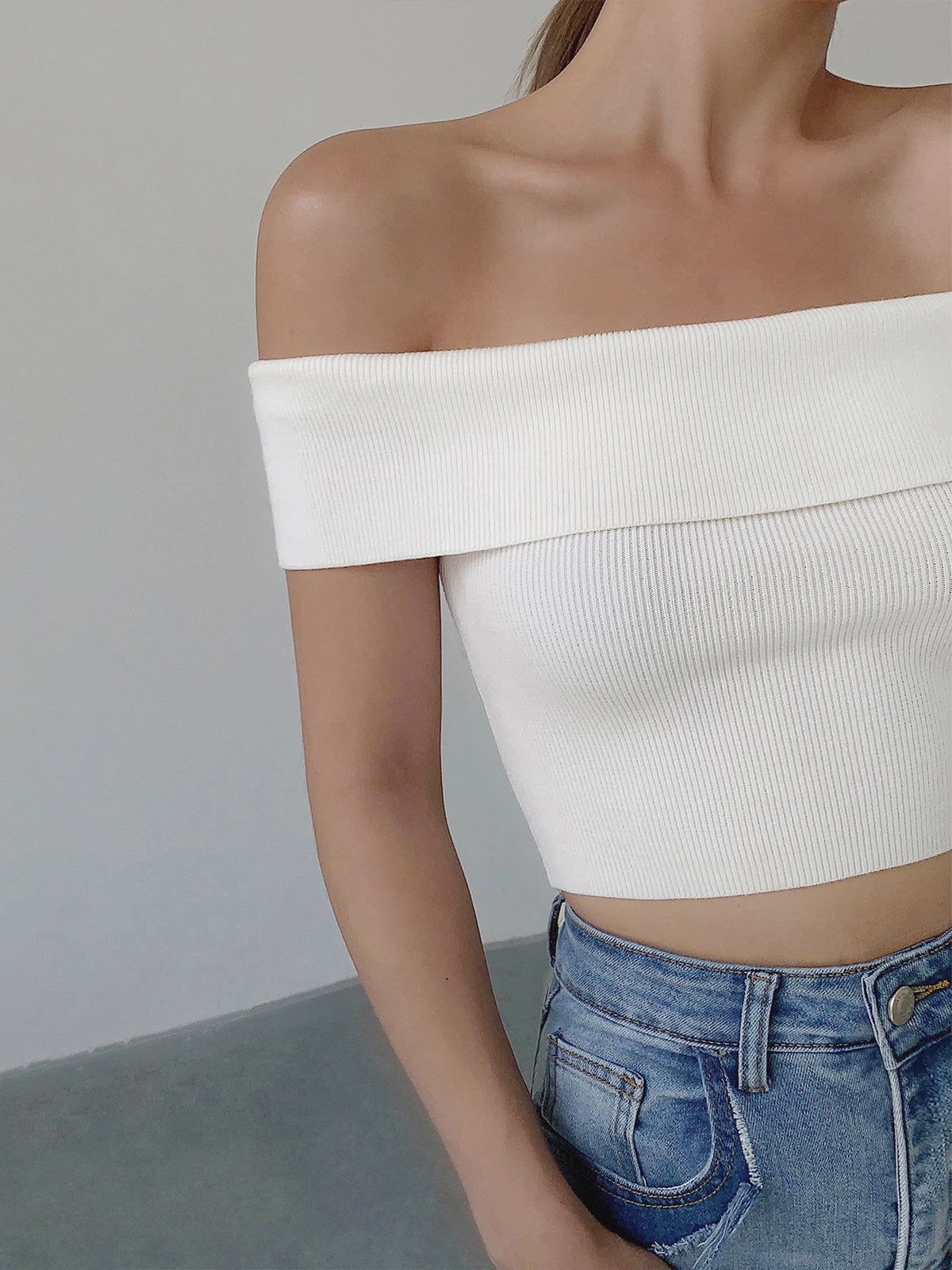 Mulberry Off Shoulder Crop Knit Top sold by COMMENSE product image thumbnail 3